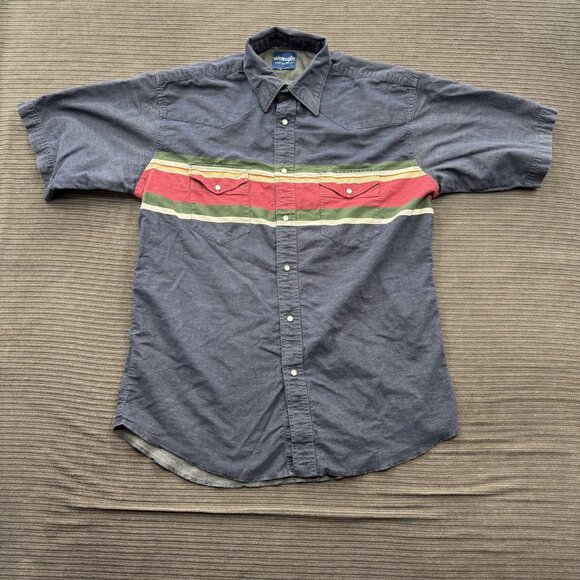 Vintage Wrangler Shirt Mens Large Blue Western Pearl Snap Stripe Rodeo - Picture 1 of 7